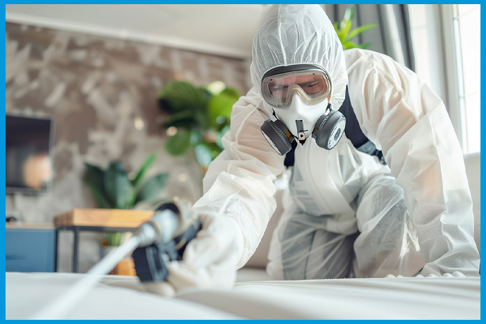 Spécialiste en désinsectisation effectuant un traitement chimique