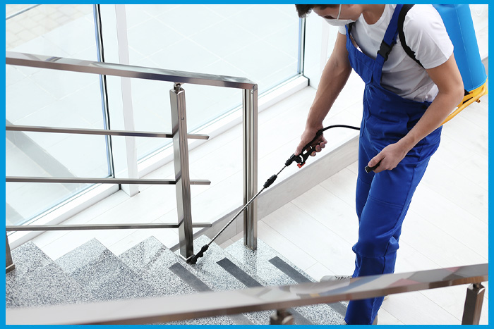 Professionnel de la désinsectisation traitant les parties communes d'un immeuble