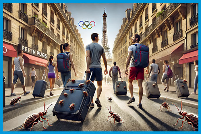 Illustration d'athlètes olympiques avec des valises infestées de punaises de lit dans les rues de Paris