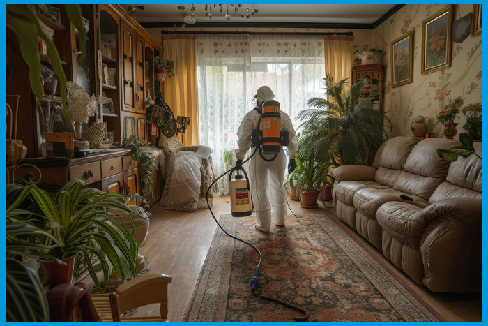 Exterminateur en action dans une maison ancienne pour traiter une infestation