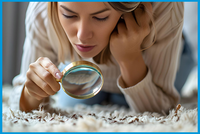 Inspection minutieuse de punaises de lit dans les fibres d'un tapis
