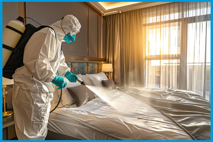 Exterminateur appliquant un traitement dans une chambre infestée de punaises de lit