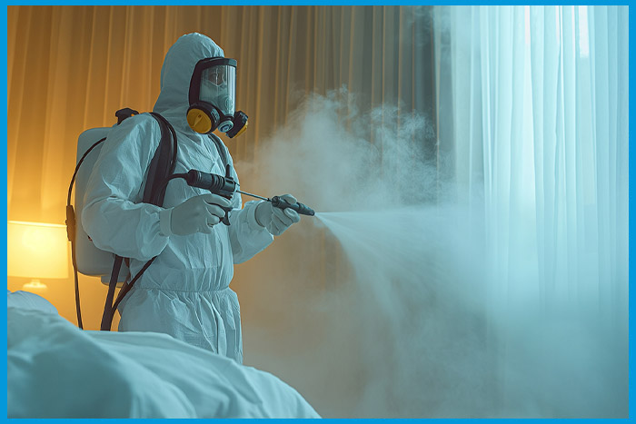 Technicien en désinsectisation traitant une chambre étudiante contre les punaises de lit